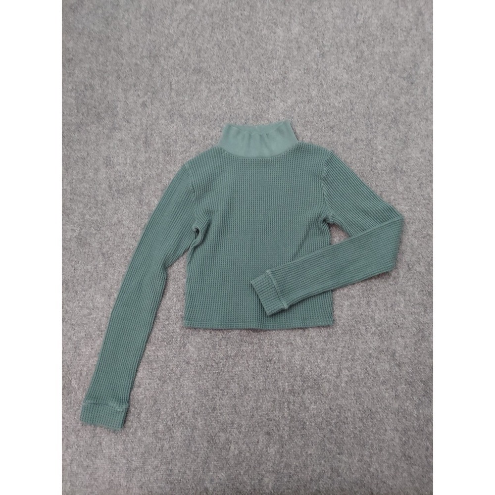 Aerie Waflle Knit Shirt Women Medium Green thermal Cropped Long Sleeve Mock Neck